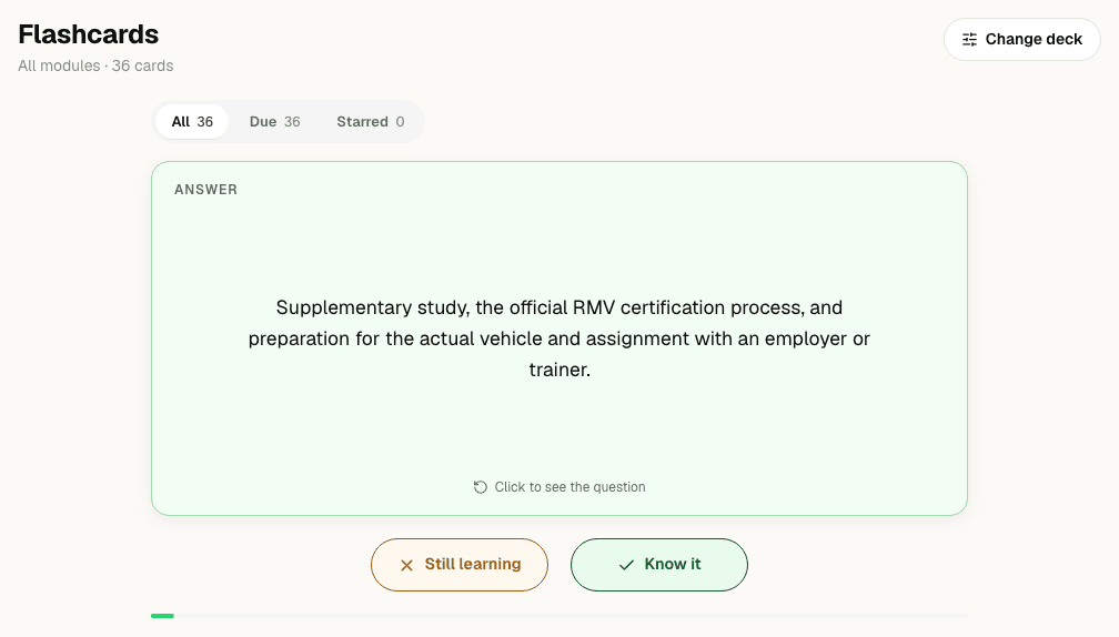 A flipped flashcard with Still learning and Know it buttons